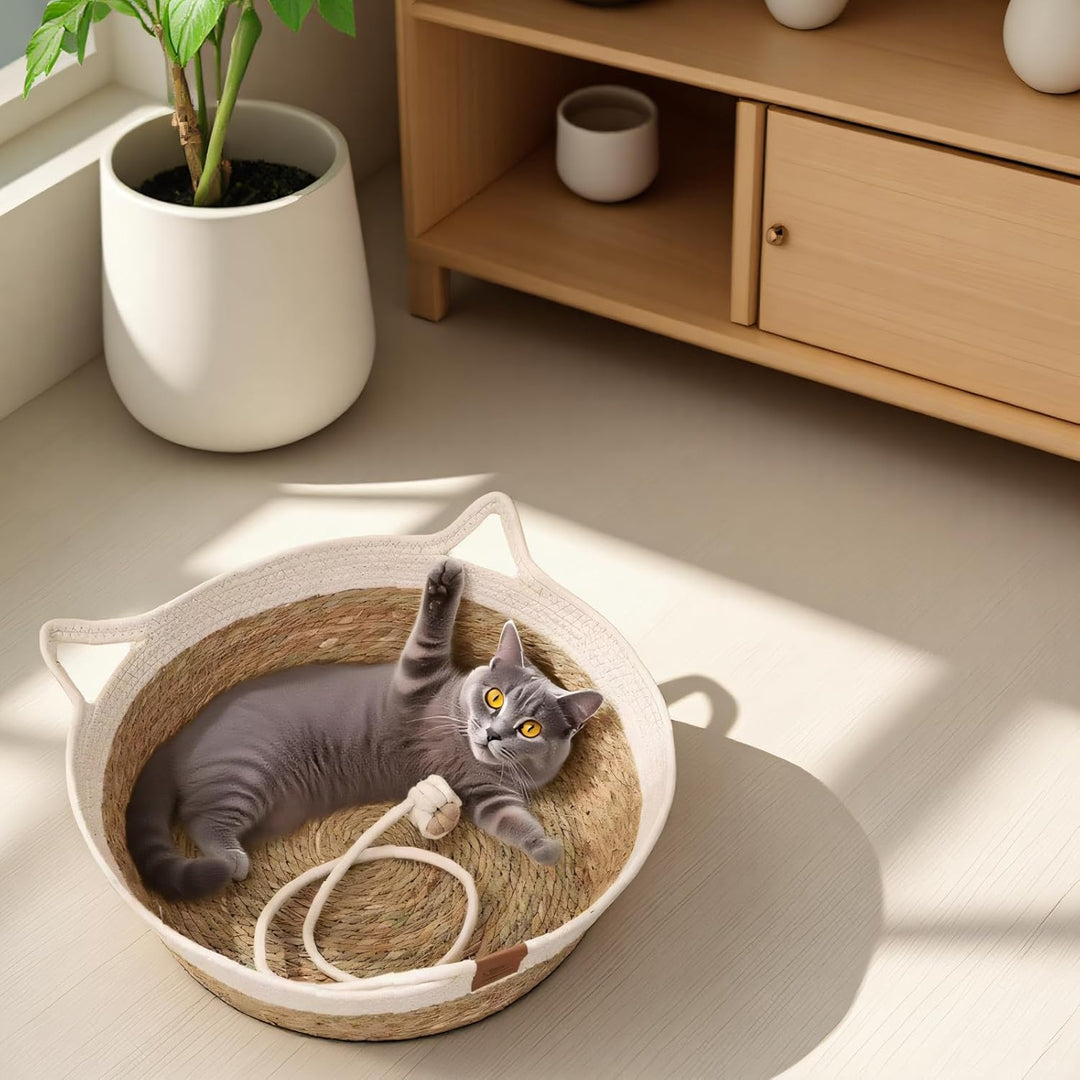 Katzenbett Rattankorb, Rund Katzenkorb Haustierbett, Handgefertigter Katzenhütte Katzenhöhle，Bett fü