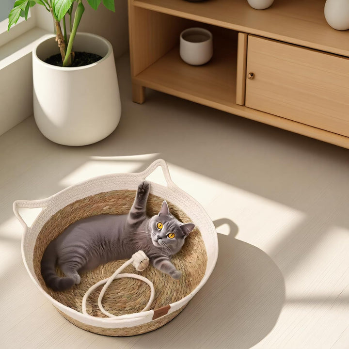 Katzenbett Rattankorb, Rund Katzenkorb Haustierbett, Handgefertigter Katzenhütte Katzenhöhle，Bett fü