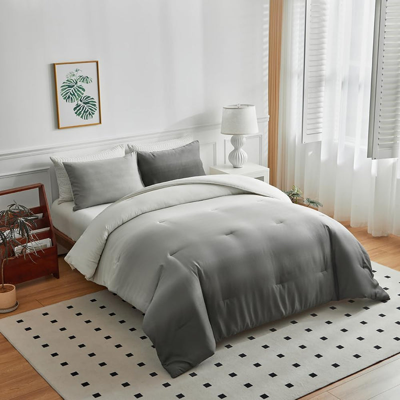 OLDBIAO Bettdecke 135 x 200 cm + 2 Kissenbezüge 80 x 80 cm 3 Teilig mit Weiss - Hell - Dunkel Grau F