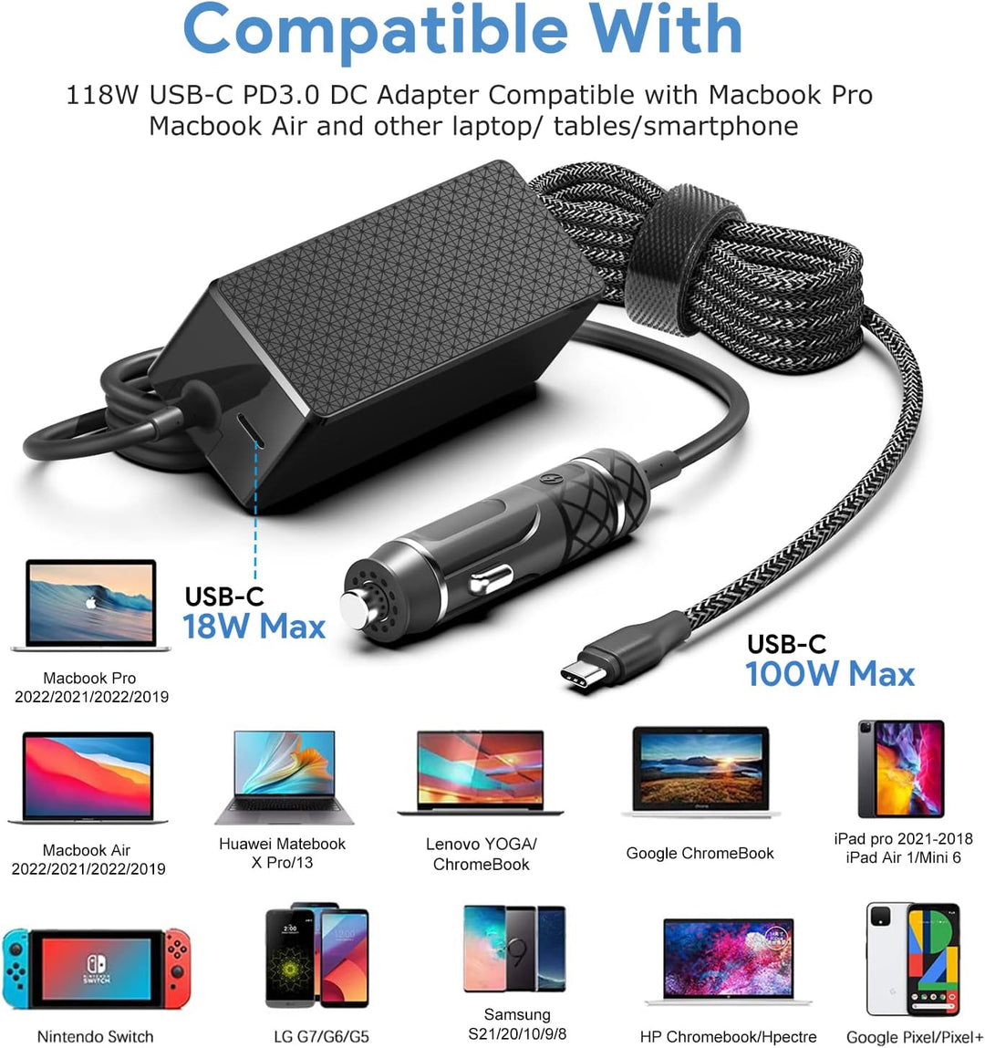 KFD 118W USB-C KFZ Ladegerät Auto Ladekabel DC 12V-24V Netzteil für MacBook Air Pro, Dell XPS, HP Sp