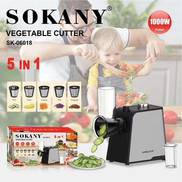 SOKANY 1000W Gemüseschneider, 5 in 1 Elektrischer Gemüsehobel, Schnitzelwerk Mit 5 Kegel-Klingen, Kä
