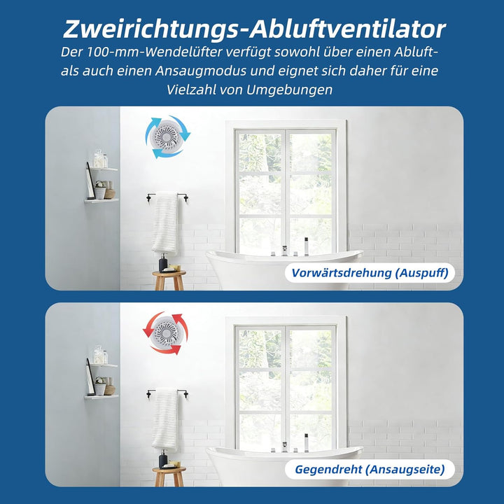 Badlüfter 100mm, 130m³/h Abluftventilator mit Fernbedienung, Rohrventilator, 3 Geschwindigkeiten Lüf