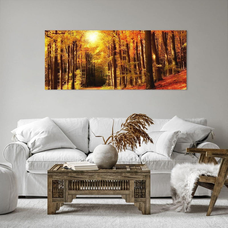 Wandbilder Dekoration Wohnzimmer Pfad Blätter Wald Panorama Bilder auf Leinwand 120x50cm Leinwandbil