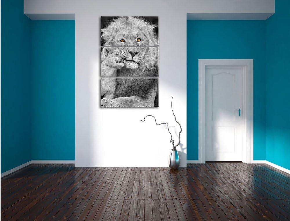 Pixxprint schöner Löwe mit Jungtier als Leinwandbild/Grösse: 3 Teilig (120x80) cm/Wandbild/Kunstdruc