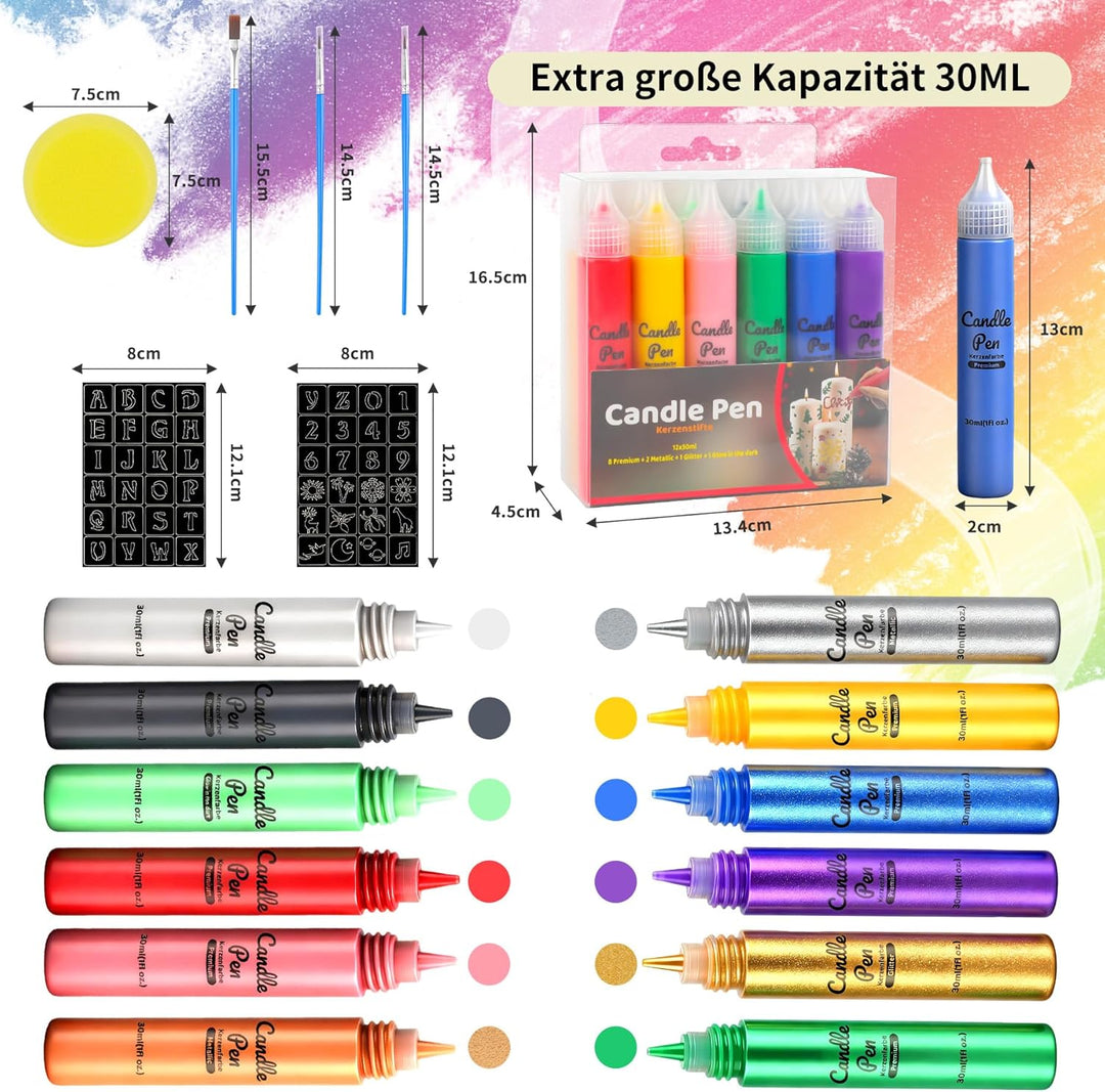 YAOBLUESEA 12 Stück Kerzen Bemalen Set, Wachsstifte für Kerzen, 30 ML Taufkerze Basteln Set Wachssti
