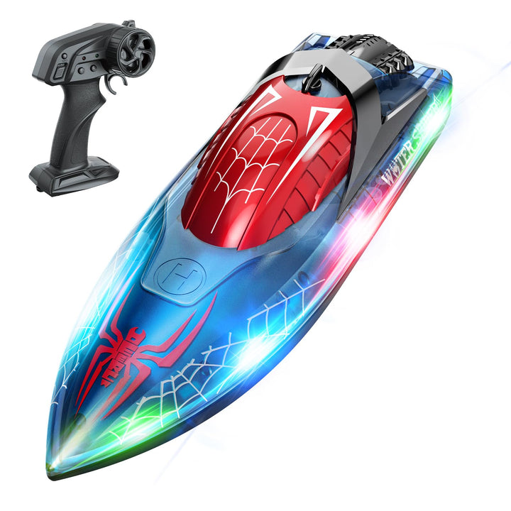 DEERC Ferngesteuertes Boot mit LED-Licht, RC Boot 15 KM/H, 2,4-GHz Rennboote, 2 Batterien für 80 Min
