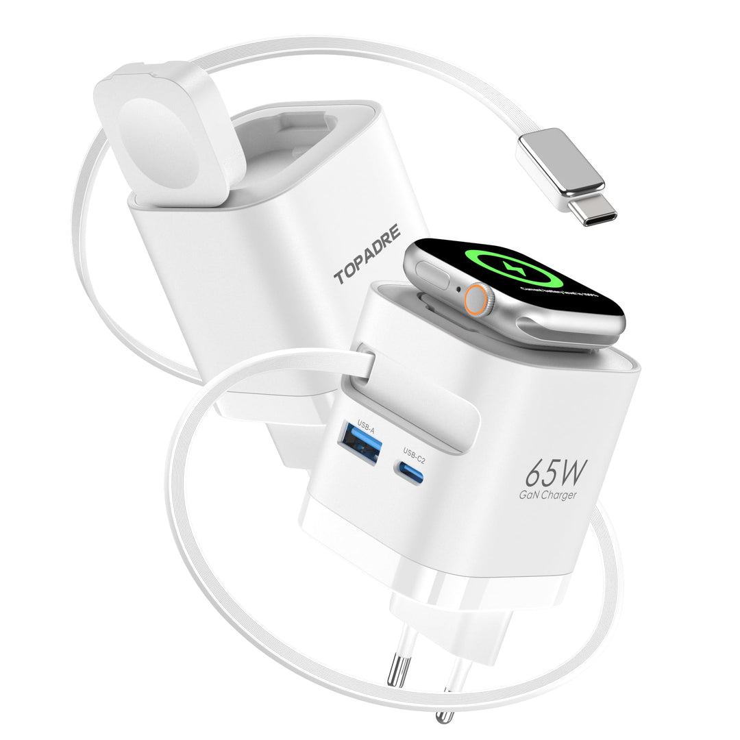 Einziehbares 65W USB C ladegerät mit Kabeln für Apple Watch, 4-Port GaN USB C Ladegerät Netzteil mit
