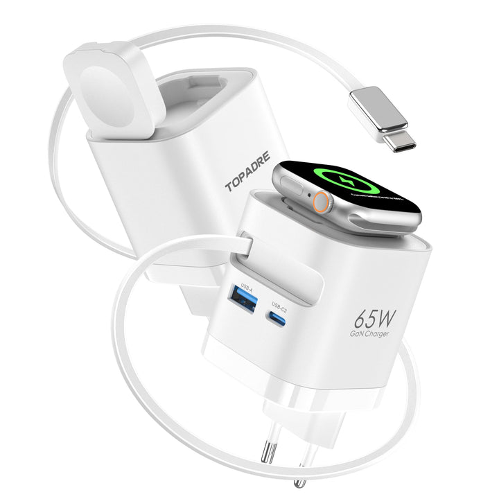 Einziehbares 65W USB C ladegerät mit Kabeln für Apple Watch, 4-Port GaN USB C Ladegerät Netzteil mit