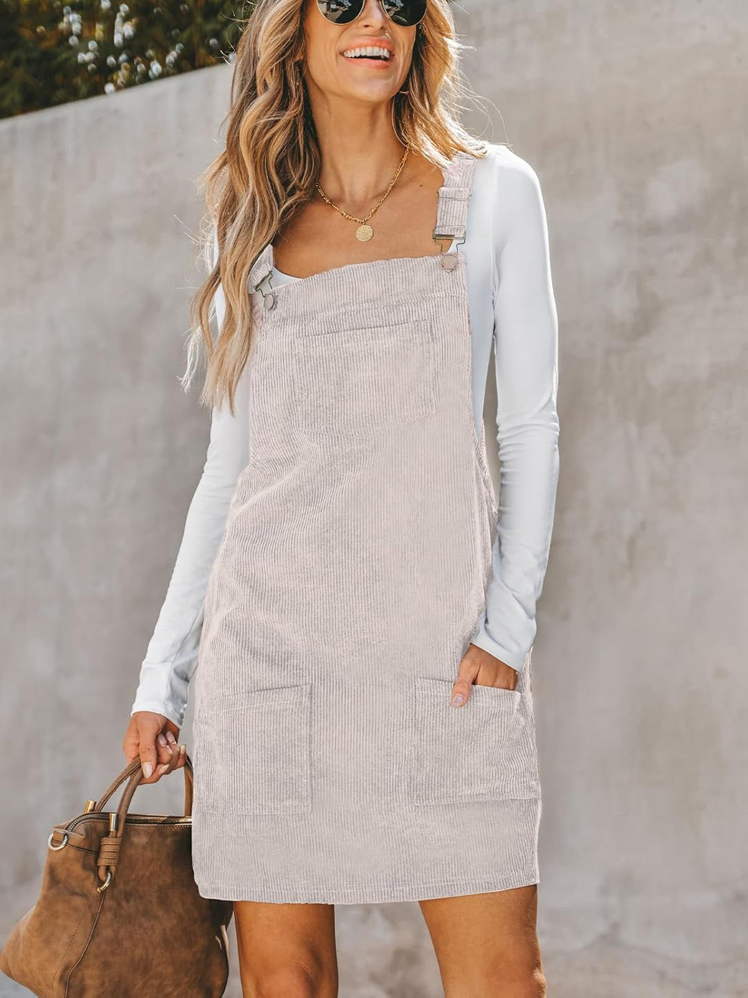CUPSHE Damen Latzrock Quadratischer Ausschnitt Hosenträger Taschen Cord Latzkleid Overallkleid Freiz