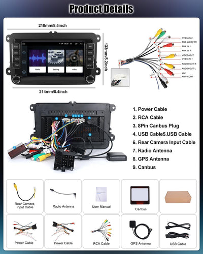 CAMECHO Android Radio für VW Golf 5 Golf 6 Polo Skoda Seat, 7 Zoll Bildschirm Autoradio 2 DIN mit Na