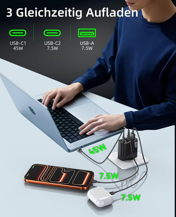 XUI USB C Ladegerät 65W 3-Port, USB-C Netzteil, PPS 60W Schnellladegerät schwarz, schwarz