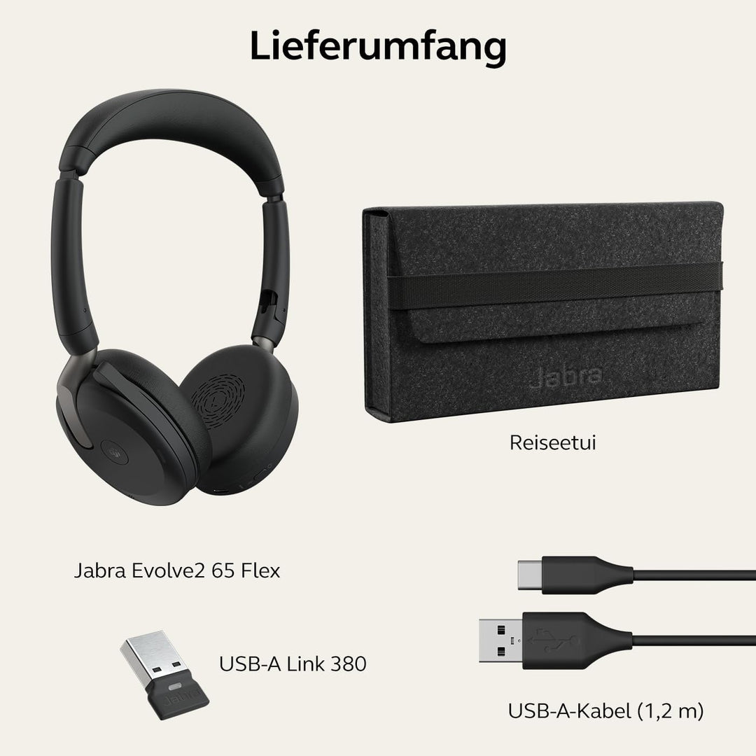 Jabra Evolve2 65 Flex - Stereo-Bluetooth-Headset mit Wireless-Charging-Pad, geräuschunterdrückender