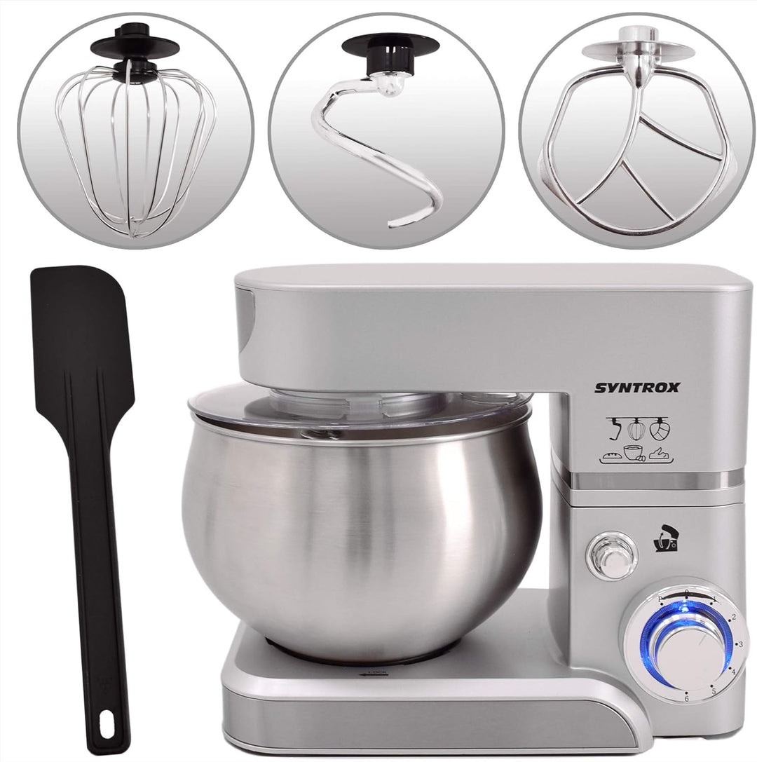 Syntrox Germany KM-5.0L Basic Silver Küchenmaschine Knetmaschine, Edelstahl-Behälter, 5 Liter, silbe