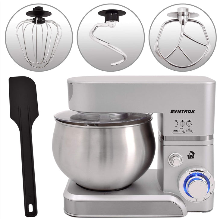 Syntrox Germany KM-5.0L Basic Silver Küchenmaschine Knetmaschine, Edelstahl-Behälter, 5 Liter, silbe