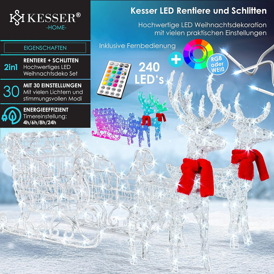 KESSER® 240er LED Rentiere mit Schlitten Mit Fernbedienung 30 Funktion, weiss/Bunt, Inkl. 2X Dekosch
