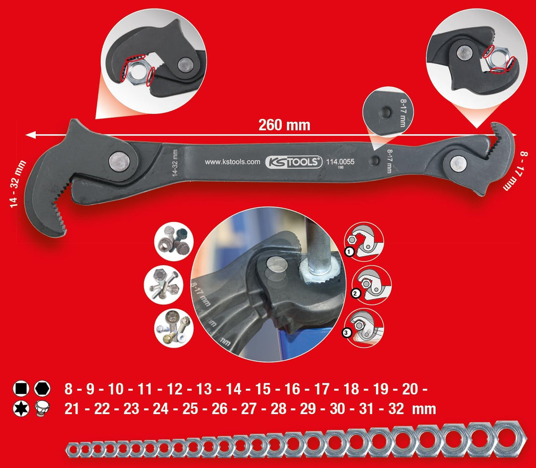 KS Tools 114.0055 Einhand-Multifunktions-Schlüssel, 8-17/14-32mm 8-17/14-32mm Grau, 8-17/14-32mm Gra