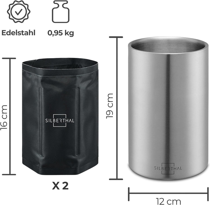 SILBERTHAL Weinkühler Edelstahl Doppelwandig mit 2 Kühlmanschetten - Aktive Kühlung mit Kühlmanschet