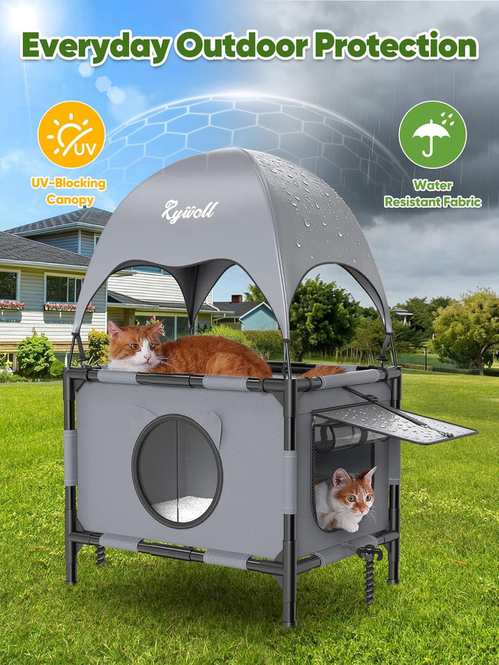Rywell Katzenhaus Outdoor mit 2 Ebenen – Atmungsaktiv & wasserabweisend mit 12 cm Bodenerhöhung, Reg