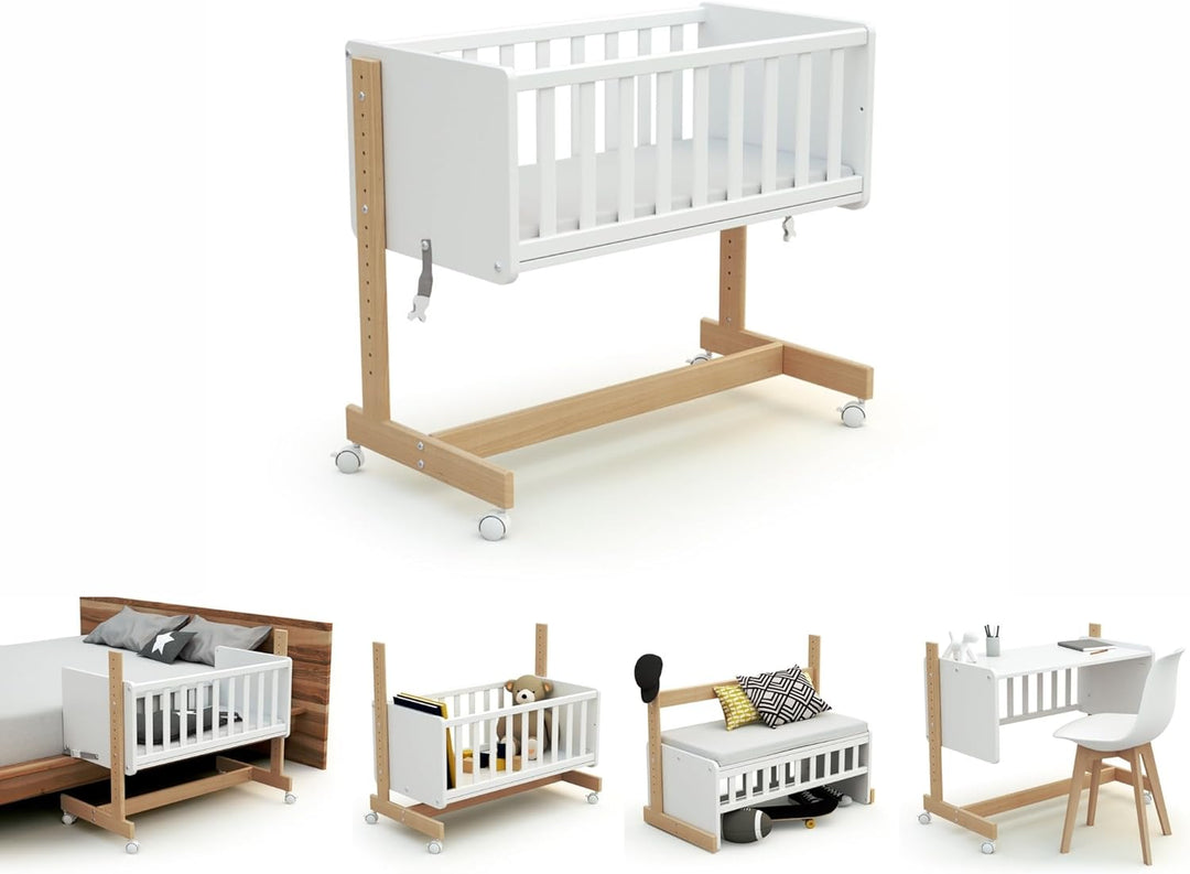AT4 - Umwandelbare Co-Sleeping-Wiege CONFORT Holz Weiss und Buche Lackiert 40 x 80 Kinderbett Weiss/