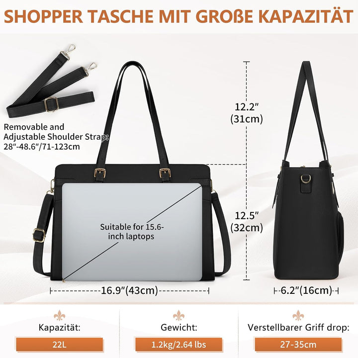 RAINSMORE Arbeitstasche Damen mit Isolierted Kühlfach Shopper Damen Schwarz, Schwarz