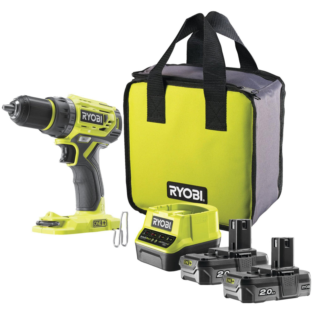 Ryobi – Bohrschrauber One+ 18 V Li-Ion 2 x 2,0 Ah 13 mm 2 Geschwindigkeiten mit Werkzeugtasche – R18