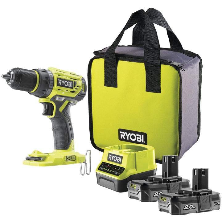 Ryobi – Bohrschrauber One+ 18 V Li-Ion 2 x 2,0 Ah 13 mm 2 Geschwindigkeiten mit Werkzeugtasche – R18