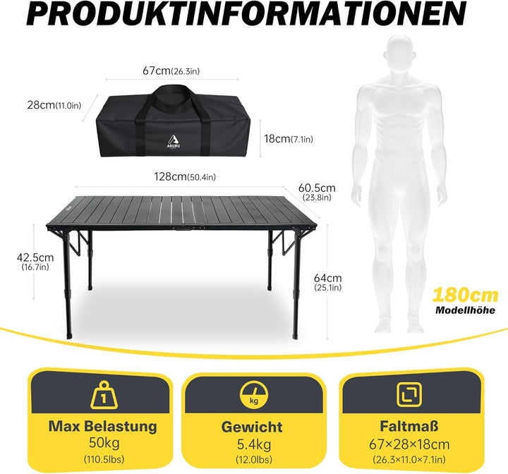 Campingtisch 128×60.5cm Höhenverstellbar Aluminium Klapptisch Tisch Camping Picknicktisch Schwarz, S