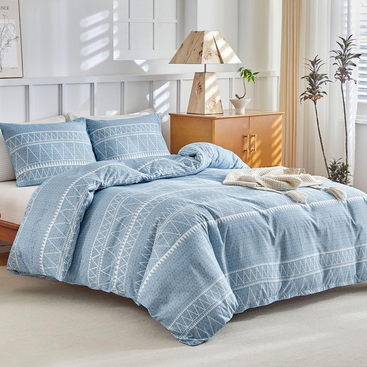 Lekesky Bettwäsche 220x240 3teilig + 2 Kissen 80x80, Boho Blau Linien | 1 Bettbezug 220x240, 2 Kisse