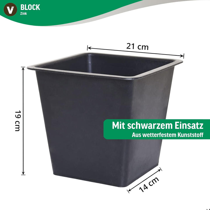 VIVANNO Einzel Zink Blumenkübel im Block Design 65 cm, Silber, inkl. Einsatz, Silber