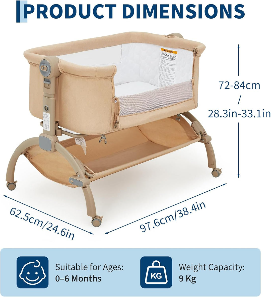 GarveeTech Beistellbett Baby höhenverstellbar mit Matratze, Mesh-Seiten, Wiegefunktion, Rollen mit B