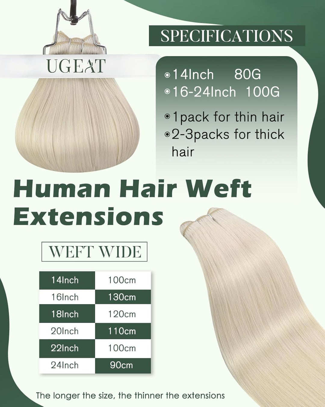 Ugeat Haartressen Extensions Echthaar Blond Sew in Weft Human Hair Echthaar Tressen Extensions Weiss