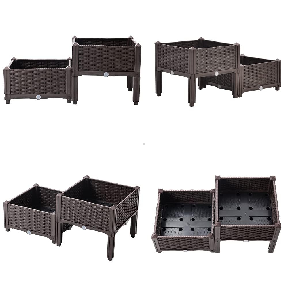 Mingone 2er Set Blumenkasten Rattan Optik Blumentopf aus Kunststoff Blumenkasten Balkonkasten mit Wa