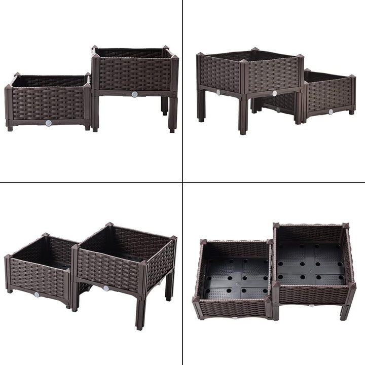 Mingone 2er Set Blumenkasten Rattan Optik Blumentopf aus Kunststoff Blumenkasten Balkonkasten mit Wa