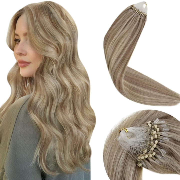 LaaVoo Microring Extensions Echthaar Highlighted Hellbraun mit Hellblond 45 cm Cold Fusion Echthaar