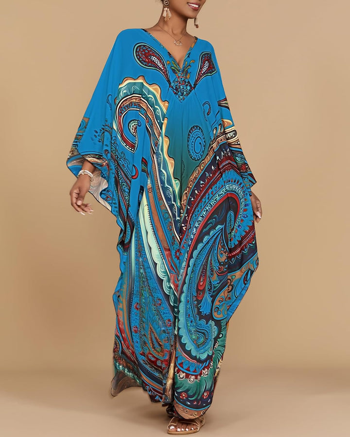 Bsubseach Damen Strandkleid Ethnic Print Kaftan Beach Maxi Kleider A-Blau-3, A-Blau-3