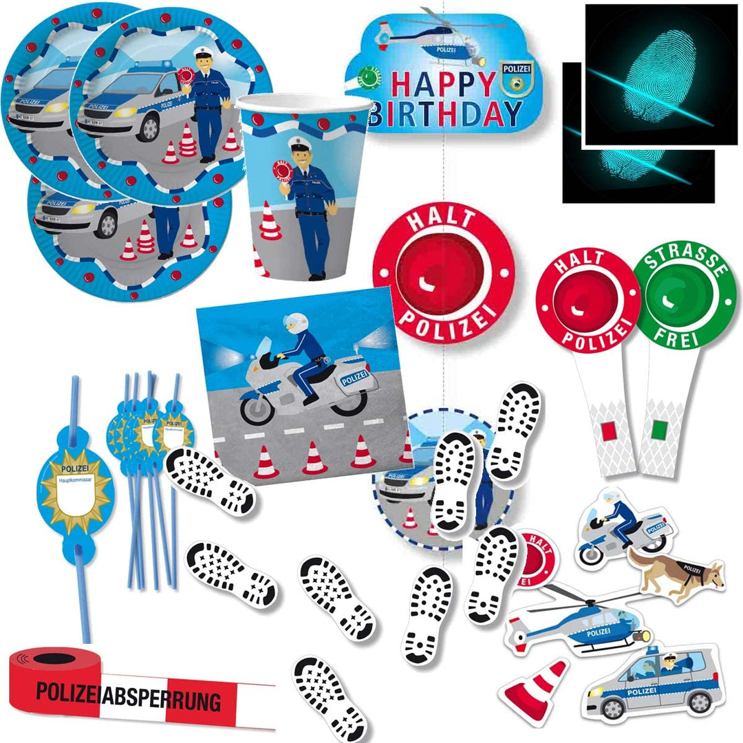 Polizei-Partyset für 10 Kinder mit Sticker Fingerabdruck und Hängekette - 108 TLG // Kindergeburtsta