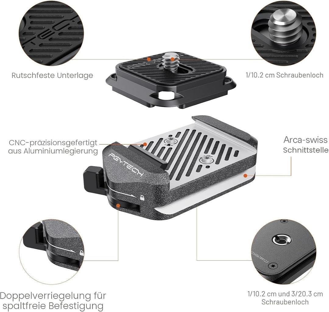 PGYTECH Arca-Swiss V2 Schnellwechselplatte & Klemme, mit 1/4"- bis 3/8"-Schraubgewinde für Sony/Niko