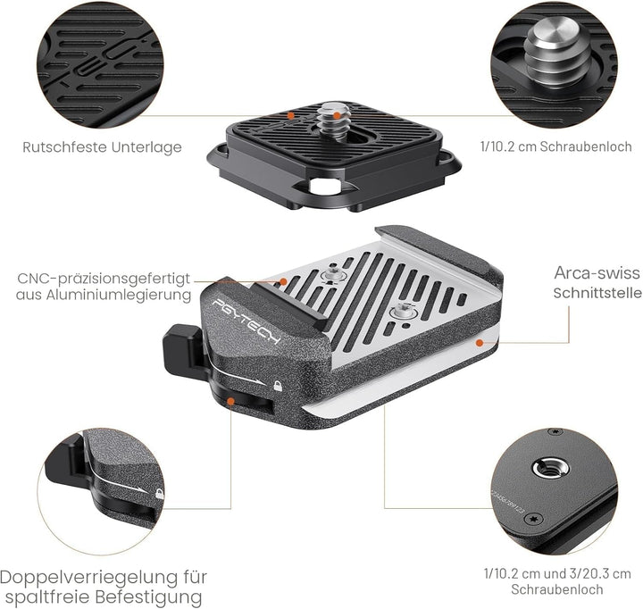 PGYTECH Arca-Swiss V2 Schnellwechselplatte & Klemme, mit 1/4"- bis 3/8"-Schraubgewinde für Sony/Niko