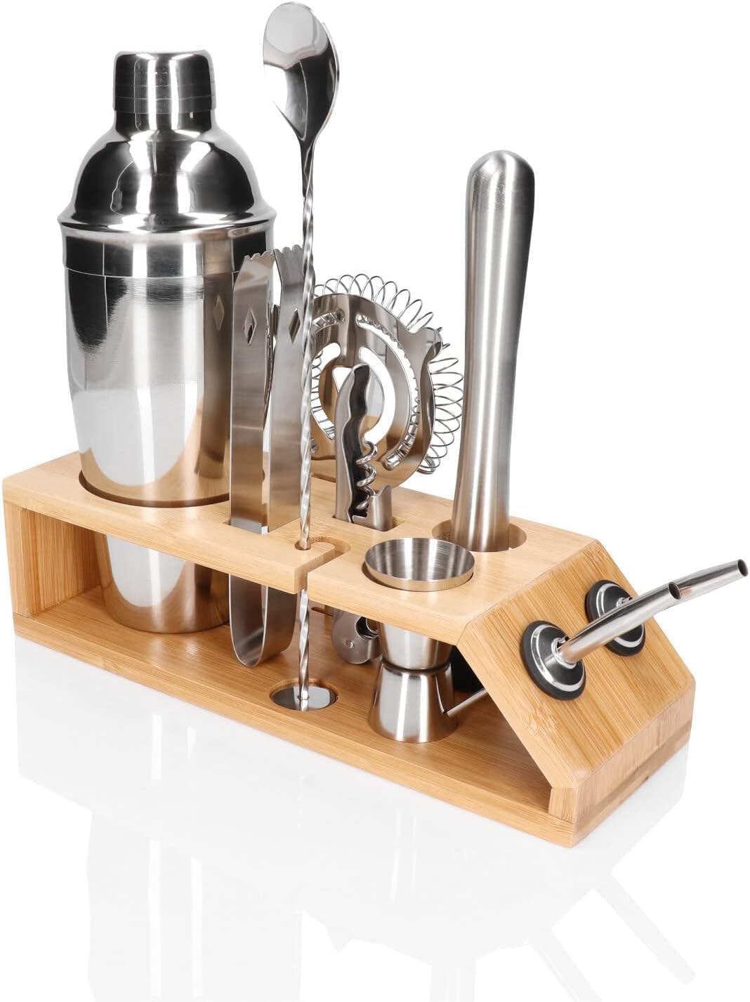 Whiskey Rocks 10-er Edelstahl Cocktail Set mit Bambusständer - Barkeeper Set mit Metall Shaker, Jigg