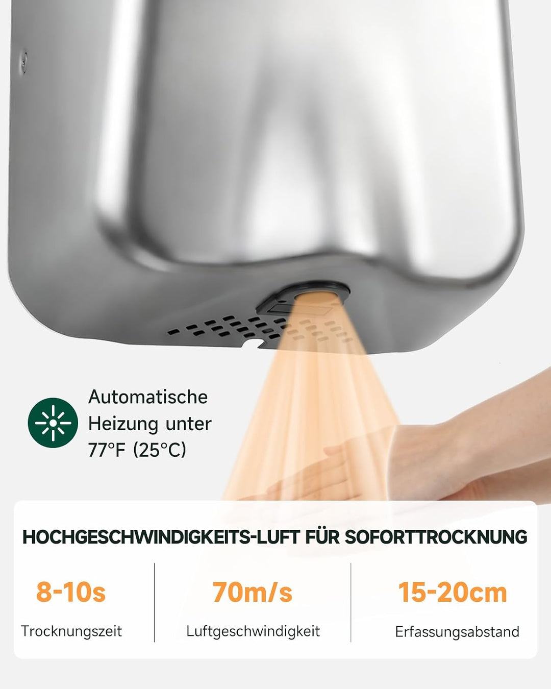 anydry Gewerblicher Händetrockner Edelstahl Heavy Duty mit HEPA-Filter | 8-10s Schnelles Trocknen, D