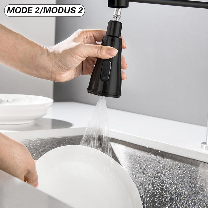 LIWEIKE Wasserhahn Kaltwasser Schwarz, 360° Drehbarer Kaltwasser armaturen mit 3 Strahlarten Wasserh