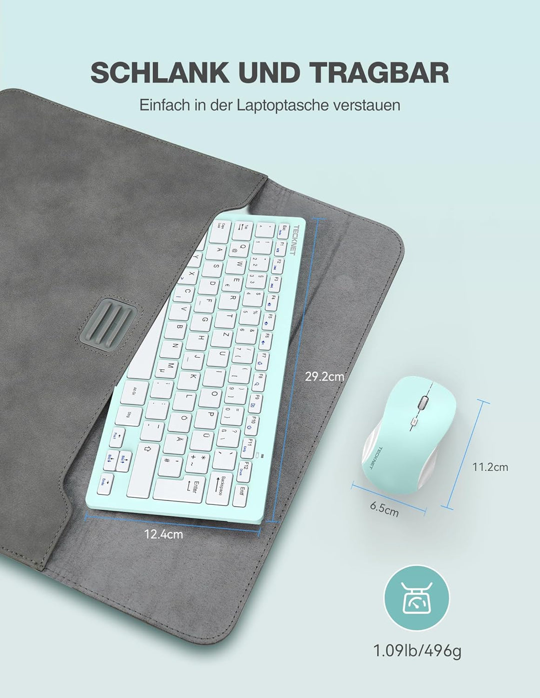 TECKNET Kabelloses Tastatur Maus Set, Deutsch QWERTZ Layout, 2.4 GHz Funk Mini Tastatur Mouse, 15m R