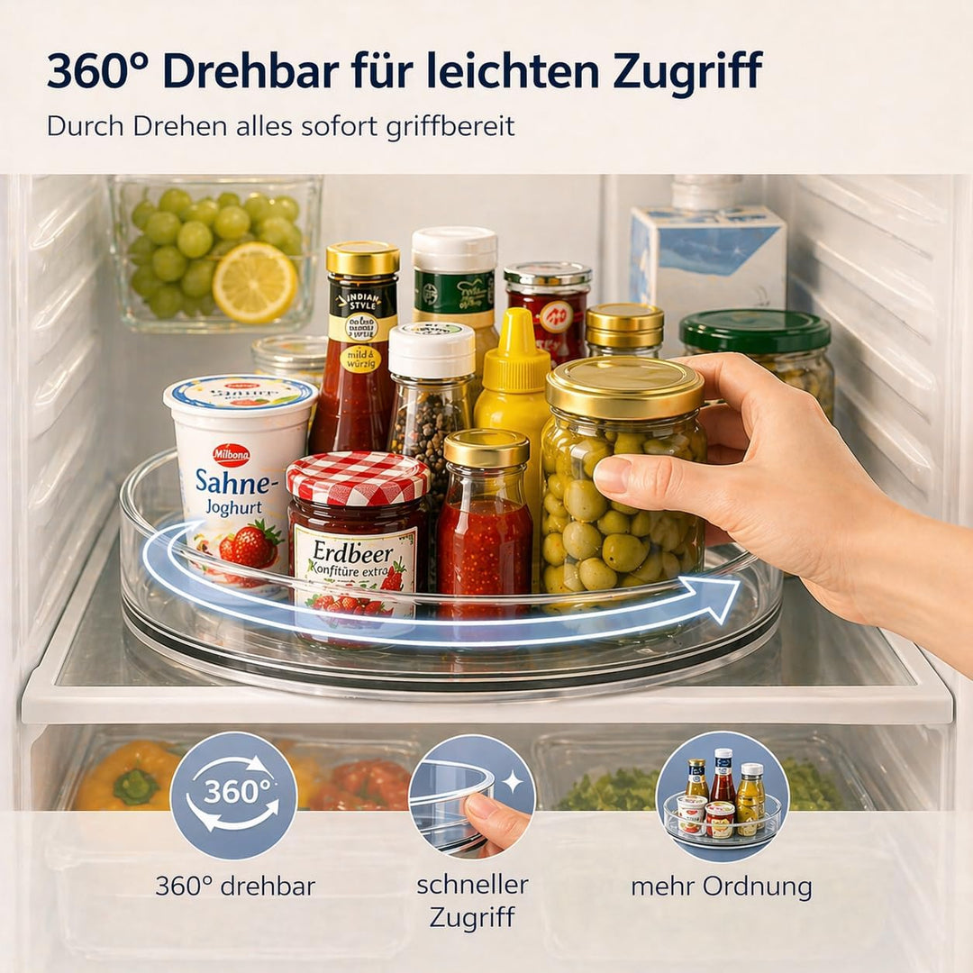 Kühlschrank Organizer Drehteller 2er Set, 360° drehbarer Lazy Susan Küchen Organizer transparent, 23