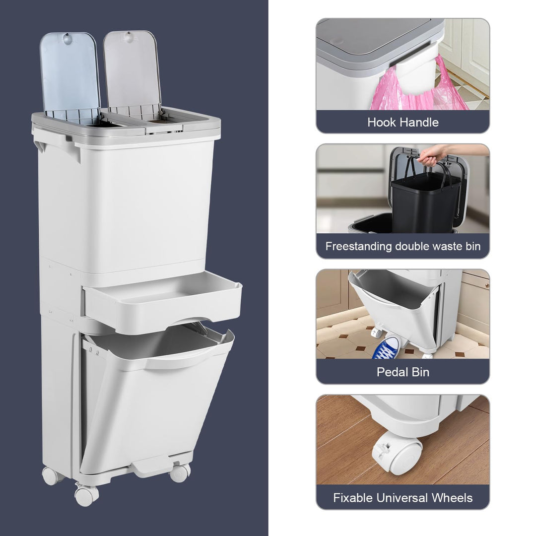 Mülleimer Küche 42L,3 Fächer,2 Fächer Mülltrennsystem mit Deckel | Mülleimer mit Deckel und Click-Fu