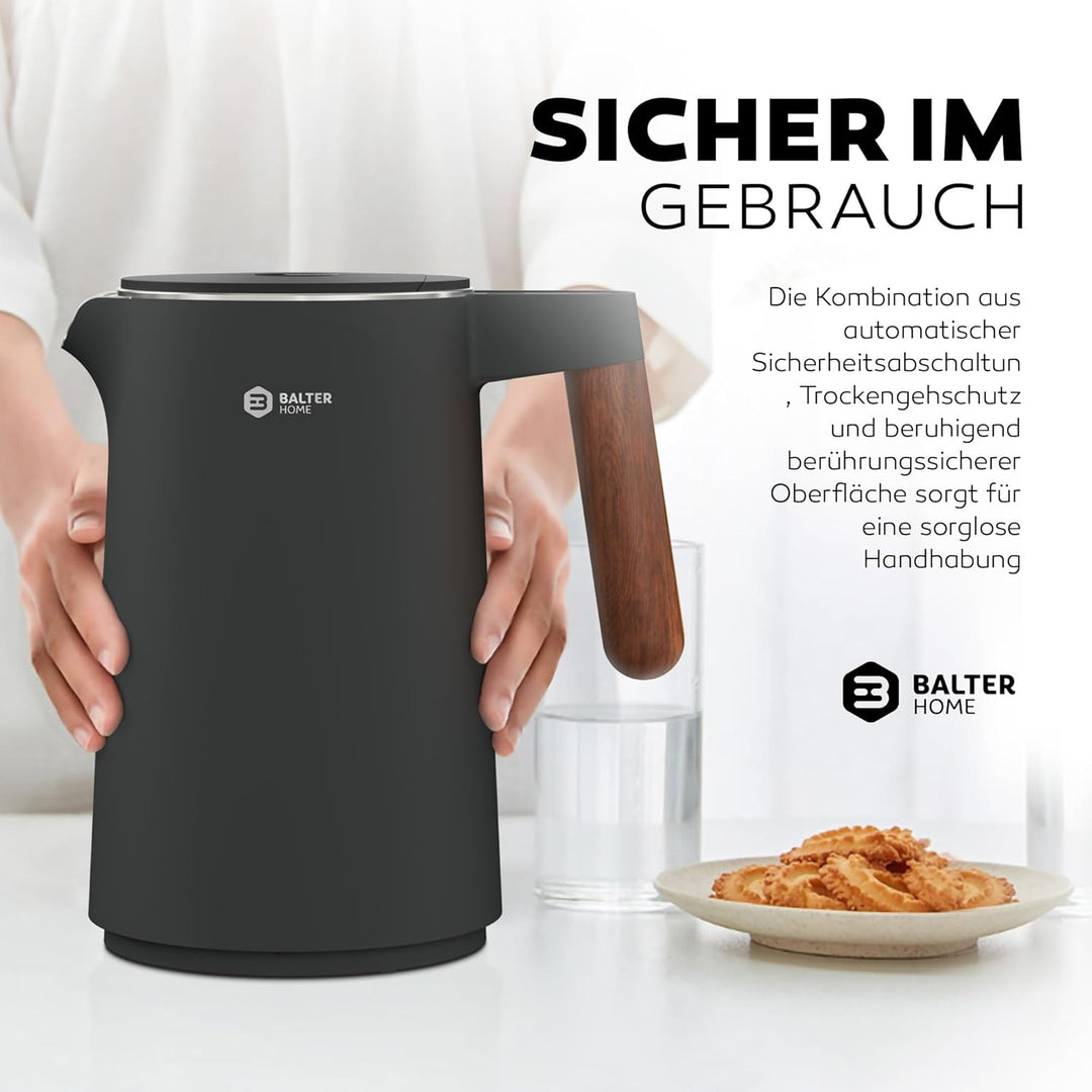BALTER Edelstahl Wasserkocher mit Temperatureinstellung, 45°C-100°C, Doppelwand, BPA frei, leise & k