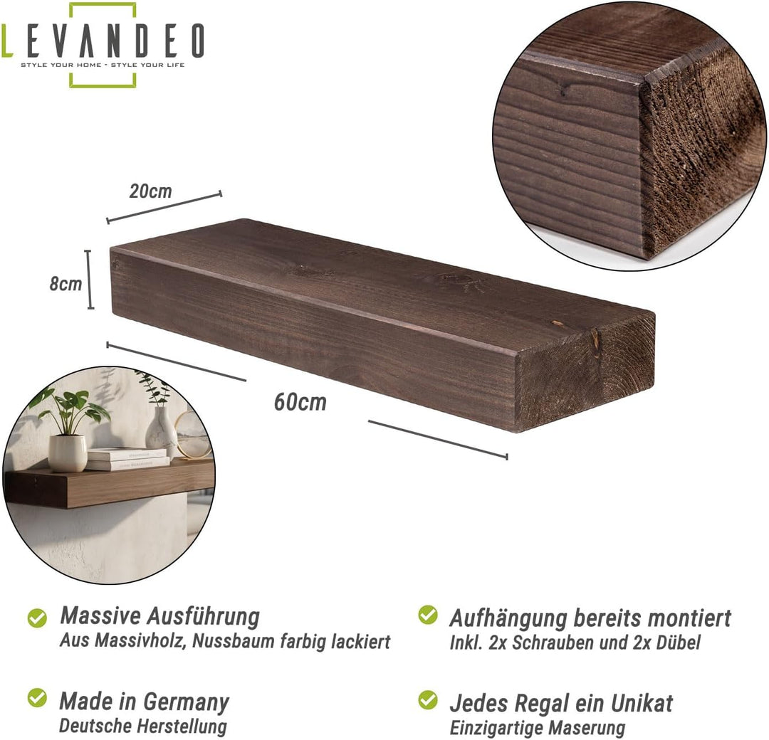 levandeo Wandregal Holz Massiv 60x20cm Nussbaum Farbig Wandboard Vintage Rustikal Design Natur Regal