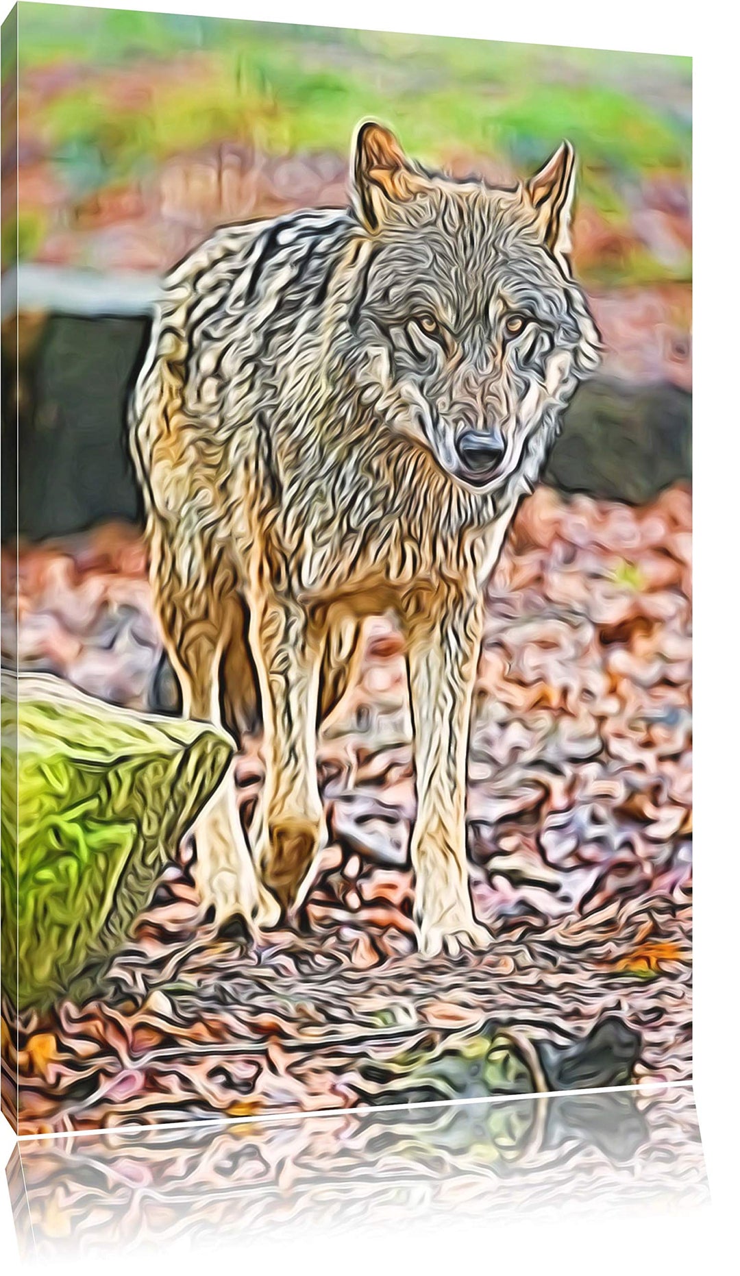Wolf im Laubwald Deluxe Format: 100x70 cm auf Leinwand, XXL riesige Bilder fertig gerahmt mit Keilra