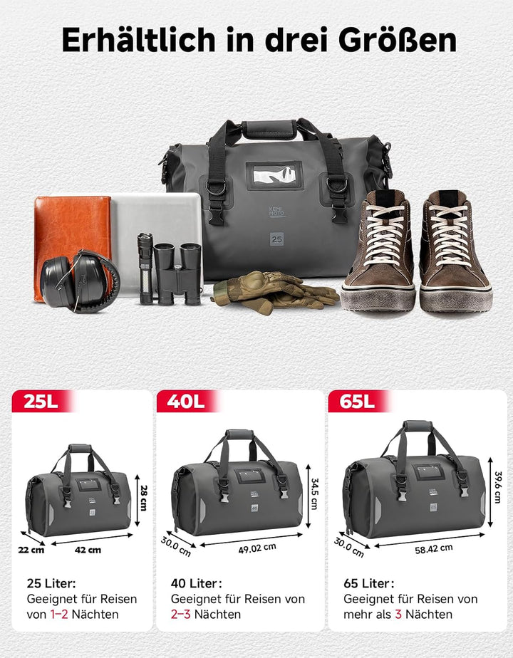 KEMIMOTO Motorrad Hecktasche 25L, IPX6 wasserdichte Motorradtasche Gepäckrolle mit Schnellverschluss