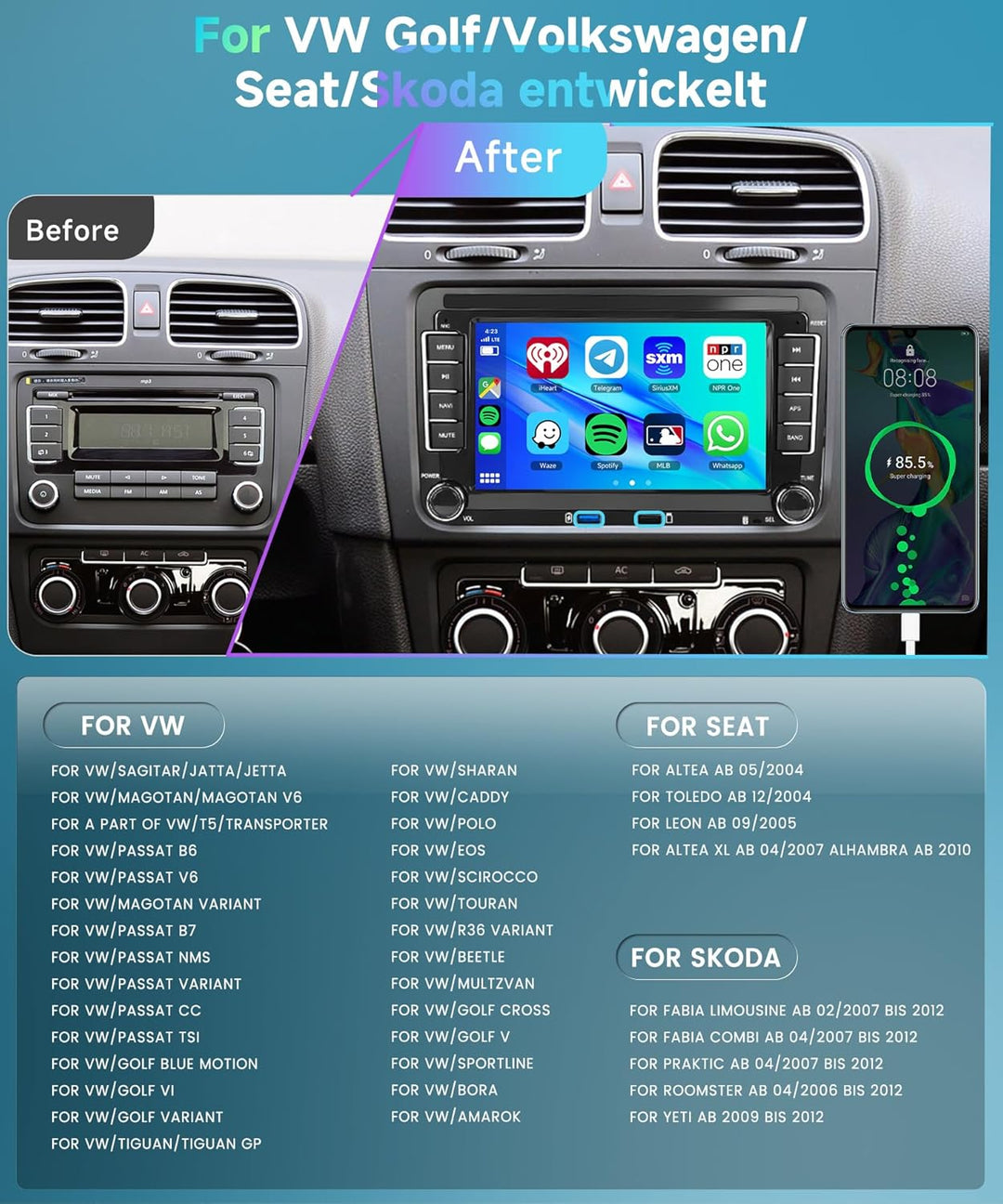 2G&64G 7" Android Autoradio Für VW Golf 5 6 Polo Passat Skoda Touran Tiguan Seat mit Carplay Android