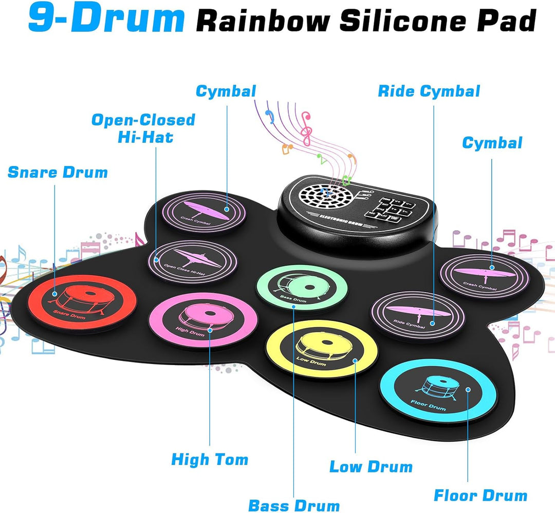 Anpro Schlagzeug Elektronisch Drum Set, 9 Pads, Aufrollbar Elektrisches Schlagzeug-Pad, Eingebauter